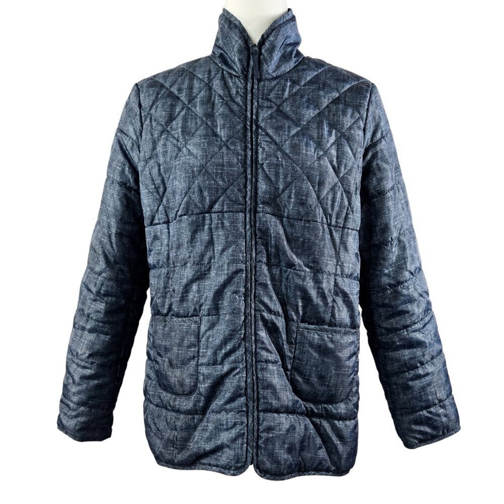 Soft Surroundings Quilted Blue Stand Collar Zip Puffer Jacket Lightweight